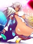  1girl arcana_heart arms_behind_back ass bangle bangs blunt_bangs bracelet breasts commentary_request dark_skin detached_sleeves highres jewelry large_breasts long_hair looking_at_viewer manohiro_yuki parace_l&#039;sia pointy_ears red_eyes silver_hair smile solo thigh-highs 