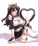  1girl absurdres alternate_costume animal_ears apron artist_name bangs black_hair brown_eyes cat_ears cat_girl cat_tail clothes_pull dress dress_pull enmaided hair_between_eyes heart heart_tail highres indie_virtual_youtuber large_pectorals leaning_to_the_side maid maid_apron maid_headdress multiple_tails off-shoulder_dress off_shoulder pectorals ringeko-chan second-party_source shin_tora sitting skindentation solo tail thigh-highs two_side_up virtual_youtuber wrist_cuffs 