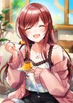  1girl bangs blush breasts cardigan cleavage closed_eyes collarbone dessert eating food highres holding holding_plate holding_spoon idolmaster idolmaster_shiny_colors indoors jewelry long_hair looking_at_viewer medium_breasts necklace off_shoulder oosaki_amana open_cardigan open_clothes open_mouth osaki_amana pink_cardigan piroshiki123 plate pudding redhead sitting smile solo spoon swept_bangs 
