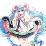  1girl absurdly_long_hair ahoge aqua_hair bangs bare_legs braid brown_dress dress eyebrows_visible_through_hair flower foot_out_of_frame gradient_hair green_eyes hair_flower hair_ornament hatsune_miku highres long_hair looking_at_viewer magical_mirai_(vocaloid) multicolored_hair nishina_hima pink_flower pleated_skirt poncho shiny shiny_hair simple_background skirt smile socks solo standing twin_braids twintails very_long_hair vocaloid white_background wide_sleeves 