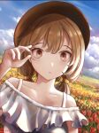  1girl beret blouse blue_sky brown_eyes brown_hair clouds cloudy_sky collarbone day dutch_angle eyelashes field flower flower_field hand_up hat highres jushoro looking_at_viewer low_twintails original outdoors parted_lips sky solo spaghetti_strap tulip twintails upper_body wide-eyed 