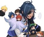  ... 2boys aether_(genshin_impact) antenna_hair bangs black_gloves blue_hair character_doll dark-skinned_male dark_skin diluc_(genshin_impact) elbow_rest eyepatch genshin_impact gloves hair_between_eyes head_rest holding jacket kaeya_(genshin_impact) long_hair long_sleeves male_focus miz_003 multicolored_hair multiple_boys open_mouth ponytail simple_background spoken_ellipsis streaked_hair sweat tartaglia_(genshin_impact) venti_(genshin_impact) white_background zhongli_(genshin_impact) 