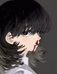 1girl black_eyes black_hair blood blood_on_face close-up collared_shirt commentary expressionless face grey_background highres looking_at_viewer medium_hair nosebleed original shirt simple_background solo tenoo12 upper_body 