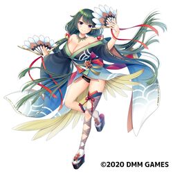  1girl bangs black_eyes breasts clogs eyebrows_behind_hair eyebrows_visible_through_hair fan girls_book_maker green_hair hagino_kouta hairband holding holding_fan japanese_clothes jewelry kimono long_hair looking_at_viewer nail_polish necklace official_art ribbon simple_background smile solo standing standing_on_one_leg thigh-highs tometama white_background 