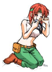  1girl advance_wars boots bra crying goggles headband lowres redhead sami_(advance_wars) shirawaki solo sports_bra underwear 