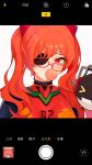  1girl bangs bubble_blowing camera cosplay drone eyepatch frederica_nikola_tesla glasses hair_between_eyes hair_ornament highres honkai_(series) honkai_impact_3rd looking_at_viewer neon_genesis_evangelion phone red_eyes redhead simple_background souryuu_asuka_langley souryuu_asuka_langley_(cosplay) tutou_jiang twintails viewfinder white_background 