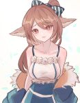  1girl absurdres animal_ears arknights bangs bare_shoulders blue_bow blue_jacket bow breasts brown_eyes brown_hair collarbone commentary_request dress eyebrows_visible_through_hair eyelashes fox_ears hair_bow highres jacket looking_at_viewer medium_hair off_shoulder open_clothes open_jacket open_mouth parted_bangs perfumer_(arknights) ponytail shino_duka simple_background sleeveless sleeveless_dress small_breasts smile solo striped striped_bow upper_body white_background white_dress 