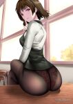  1girl artist_name ass blush breasts brown_hair classroom crossed_legs desk excaliblader finger_to_mouth highres indoors lace lace_panties looking_at_viewer looking_back niijima_makoto on_desk panties panties_under_pantyhose pantyhose persona persona_5 red_eyes red_panties see-through short_hair sitting sitting_on_desk small_breasts solo underwear watermark window 