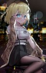  1girl adjusting_eyewear bangs black_skirt blonde_hair blouse blue_eyes breasts closed_mouth detective glasses hair_ornament hat highres hololive hololive_english holomyth loloco looking_at_viewer medium_breasts monocle_hair_ornament ribbon short_hair sitting skirt sleeves_past_wrists smile solo virtual_youtuber watson_amelia white_blouse 