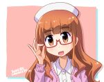  adjusting_eyewear alternate_costume bangs blunt_bangs cardigan character_name collared_dress commentary dress eyebrows_visible_through_hair girls_und_panzer glasses hat heart long_hair looking_at_viewer nurse nurse_cap open_mouth orange_eyes orange_hair outside_border pink_background pink_cardigan red-framed_eyewear semi-rimless_eyewear smile takebe_saori takeuchi_motoki under-rim_eyewear upper_body white_dress white_headwear wing_collar 