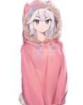  1girl bangs blue_eyes breasts english_commentary eyebrows_behind_hair frown fur_trim hood hoodie looking_at_viewer medium_breasts neonbeat pink_hoodie pointy_ears second-party_source solo transparent_background v-shaped_eyebrows vei_(vtuber) virtual_youtuber vshojo white_hair 