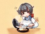  1girl artist_logo black_hair braid commentary_request dated food fried_egg frying_pan hair_flaps jingei_(kancolle) kantai_collection kappougi kutone_shirika long_hair low_ponytail red_eyes single_braid solo spatula upper_body 