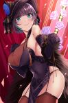  1girl azur_lane black_legwear blue_eyes breasts cheshire_(azur_lane) cheshire_(cait_sith_crooner)_(azur_lane) china_dress chinese_clothes closed_mouth dress elbow_gloves eyebrows_visible_through_hair feet_out_of_frame flower from_below garter_straps gloves hand_on_breast hat highres large_breasts long_hair looking_at_viewer multicolored_hair purple_dress purple_gloves purple_hair smile solo standing thigh-highs wee_(weeyy) 