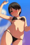  1girl absurdres arm_up ass_visible_through_thighs bangs bare_arms bare_shoulders bikini black_bikini black_hair blush breasts brown_eyes closed_mouth eyebrows_visible_through_hair from_below highres looking_at_viewer looking_down matsunaga_kouyou navel nose_blush original outdoors small_breasts solo standing swimsuit wet 