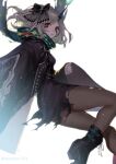  1girl absurdres black_dress boots bow dress eyebrows_visible_through_hair facial_tattoo green_hair hair_bow hair_ornament highres little_match_girl_(sinoalice) looking_at_viewer ojo_aa pantyhose parted_lips red_eyes scarf short_hair simple_background sinoalice solo studded_jacket tattoo teeth torn_clothes twitter_username white_background 