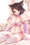  1girl :o animal_ears arm_garter arm_support bangs bare_shoulders black_hair blue_eyes blurry blurry_background blush bow bow_bra bow_panties bra braid brown_hair cat_ears choker commentary_request commission depth_of_field ear_piercing earrings eyebrows_visible_through_hair facial_mark final_fantasy final_fantasy_xiv french_braid frilled_bra frilled_choker frilled_gloves frilled_legwear frilled_panties frills front-tie_bra front-tie_top gloves hand_up jewelry lingerie looking_at_viewer mauve miqo&#039;te navel no_shoes panties parted_lips piercing pixiv_request ribbon_choker short_hair side-tie_panties sitting solo spaghetti_strap stomach strap_pull string_bra swept_bangs thigh-highs underwear underwear_only whisker_markings white_bra white_gloves white_legwear white_panties yokozuwari 