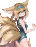  1girl absurdres animal_ear_fluff animal_ears arknights bangs black_choker blonde_hair blue_hairband blue_swimsuit blush braid breasts choker collarbone commentary_request cowboy_shot embarrassed eyebrows_visible_through_hair fang fox_ears fox_girl fox_tail from_side green_eyes hair_rings hairband highres looking_at_viewer looking_to_the_side multiple_tails one-piece_swimsuit open_mouth shino_duka skin_fang small_breasts solo suzuran_(arknights) swimsuit tail 