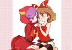  2girls bike_shorts blush breasts brown_hair chorimokki closed_mouth courtney_(pokemon) fake_horns food fruit gloves hood hoodie horned_headwear horns long_hair may_(pokemon) multiple_girls pokemon pokemon_(game) pokemon_oras purple_hair ribbed_sweater ribbon short_hair shorts strawberry sweater team_magma_uniform violet_eyes yuri 