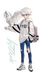  1boy absurdres alternate_costume animal animal_on_arm backpack bag bird blue_eyes casual closed_mouth denim full_body gon_freecss hand_up highres hood hoodie hunter_x_hunter jeans keychain killua_zoldyck long_sleeves looking_to_the_side male_focus messy_hair outstretched_arm oversized_clothes oversized_shirt owl pants print_hoodie shirt shoes short_hair signature simple_background smile sneakers solo standing torn_clothes white_background white_footwear white_hair white_hoodie wzeck yellow_eyes 
