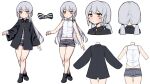  1boy absurdres braid character_sheet full_body highres long_hair otoko_no_ko short_shorts shorts silver_hair simple_background single_braid solo tongkkangi tongkkangi_(streamer) twintails twitch.tv white_background yellow_eyes 