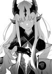  1girl absurdres arknights bangs dragon_horns eyebrows_visible_through_hair gloves greyscale highres horns jacket light_in_heart long_hair long_sleeves looking_at_viewer monochrome open_clothes parted_lips reed_(arknights) simple_background solo toxin000x upper_body 