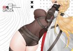  absurdres ass ass_focus black_bodysuit blonde_hair bodysuit bow breasts cape check_commentary chinese_commentary commentary_request cowboy_shot dutch_angle girls_frontline girls_frontline_2:_exilium hair_bow highres long_hair ots-14_(girls_frontline) ponytail red_eyes short_shorts shorts simple_background skindentation thighs yinqianren 