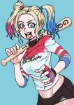  1girl absurdres baseball_bat black_shorts blonde_hair blue_background blue_eyes blue_hair chanta_(ayatakaoisii) cowboy_shot dc_comics fingerless_gloves gloves harley_quinn highres holding holding_baseball_bat long_hair long_sleeves looking_at_viewer midriff open_mouth print_shirt redhead shirt shorts simple_background single_glove smile solo suicide_squad torn_clothes torn_shirt twintails 