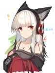  ... 1girl animal_ears arknights beanie black_headwear collarbone commentary diamond-shaped_pupils diamond_(shape) fox_ears frostleaf_(arknights) grey_shirt hat hat_removed headphones headwear_removed highres implied_extra_ears jacket long_hair looking_at_viewer off_shoulder oripathy_lesion_(arknights) red_eyes red_jacket red_nails shirt solo symbol-shaped_pupils white_hair yki 