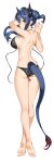 1girl absurdres arknights arm_up ass back bare_arms bare_legs bare_shoulders barefoot bikini black_bikini blue_hair breasts ch&#039;en_(arknights) dakimakura_(medium) double_bun dragon_horns dragon_tail ett from_behind full_body halter_top halterneck highres horns large_breasts long_hair looking_at_viewer looking_back revision shoulder_blades simple_background skindentation solo string_bikini swimsuit tail thigh_tattoo thighs twintails untied untied_bikini wardrobe_malfunction white_background