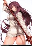  1girl absurdres ass banned_artist breasts fate/grand_order fate_(series) gae_bolg_(fate) hair_intakes highres holding holding_weapon long_hair looking_at_viewer looking_back medium_breasts open_mouth parsley-f purple_hair red_eyes ribbed_sweater scan scathach_(fate) scathach_(fate)_(all) solo sweater very_long_hair weapon white_background 