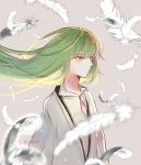 1other artist_name enkidu_(fate) fate/grand_order fate_(series) feathers green_eyes green_hair highres long_hair profile solo standing upper_body white_feathers xionsca 