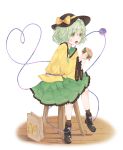  absurdres bag boots bow burger food green_eyes green_hair hat heart highres komeiji_koishi mcdonald&#039;s open_mouth paper_bag ribbon sitting socks solo string wooden_chair wooden_floor 