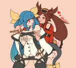  2girls blue_hair blush brown_eyes brown_hair china_dress chinese_clothes dizzy_(guilty_gear) dress feeding food guilty_gear guilty_gear_xrd hair_ribbon hair_ring heart highres kuradoberi_jam long_hair multiple_girls red_eyes ribbon tail thigh-highs twintails very_long_hair yuri 