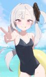  1girl absurdres black_swimsuit blue_archive blue_sky casual_one-piece_swimsuit character_request clouds cowboy_shot day highres long_hair mutsuki_(blue_archive) ocean one-piece_swimsuit outdoors red_eyes side_ponytail silver_hair sky solo standing swimsuit tonki v 
