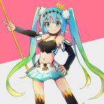  1girl bangs bare_shoulders black_choker black_legwear black_sleeves blue_hair blush breasts choker closed_mouth commentary_request detached_sleeves eyebrows_visible_through_hair gradient_hair green_eyes green_hair grey_background hatsune_miku highres holding long_hair long_sleeves looking_at_viewer mamagogo_(gomaep) medium_breasts multicolored_hair outstretched_arm pink_background skirt smile solo thigh-highs twintails two-tone_background very_long_hair vocaloid white_skirt 