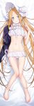  1girl abigail_williams_(fate) abigail_williams_(swimsuit_foreigner)_(fate) bangs bare_shoulders barefoot bikini black_jacket blonde_hair blue_eyes bonnet bow braid breasts fate/grand_order fate_(series) forehead hair_bow hair_rings highres jacket kazuma_muramasa legs long_hair lying miniskirt navel on_back parted_bangs sidelocks skirt small_breasts smile swimsuit twin_braids twintails very_long_hair white_bikini white_bow white_headwear 