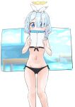  1girl alternate_costume arona_(blue_archive) bikini black_bikini blue_archive blue_eyes blue_hair blush commentary_request covering_mouth flat_chest hair_over_one_eye hairband halo highres junes letter looking_at_viewer navel solo standing swimsuit 
