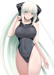 1girl absurdres arms bangs black_bow black_eyelashes blue_eyes bow braid breasts competition_swimsuit eyebrows eyebrows_visible_through_hair eyelashes fate/grand_order fate_(series) french_braid grey_hair hair_bow highleg highleg_swimsuit highres higofushi large_breasts legs legs_together long_hair looking_at_viewer morgan_le_fay_(fate) neck one-piece_swimsuit ponytail sidelocks swimsuit thighs very_long_hair