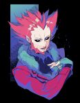  1boy alternate_color aqua_eyes black_sclera colored_sclera commentary_request fingerless_gloves fur-trimmed_jacket fur_trim gloves highres jacket kusuribe long_sleeves looking_to_the_side lysandre_(pokemon) male_focus open_mouth pink_hair pokemon pokemon_(game) pokemon_masters_ex purple_jacket sharp_teeth shiny shiny_hair solo spiky_hair team_flare teeth tongue twitter_username upper_body watermark 