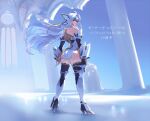  1girl absurdres android ass bangs bare_shoulders blue_hair breasts cyborg full_body highres kos-mos large_breasts long_hair looking_at_viewer looking_back negresco red_eyes solo thigh-highs xenosaga 