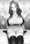 1girl bangs blush breasts fate/grand_order fate_(series) forehead greyscale kumakichi_(cost-lost) large_breasts leonardo_da_vinci_(fate) long_hair long_sleeves looking_at_viewer monochrome open_mouth outstretched_arms parted_bangs ribbed_sweater sitting smile solo sweater thigh-highs turtleneck turtleneck_sweater wariza 