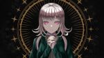  1girl backpack bag bangs black_background black_jacket blunt_bangs breasts brown_hair dangan_ronpa_(series) dangan_ronpa_2:_goodbye_despair eyebrows_visible_through_hair flipped_hair hair_ornament hands_clasped hood itt_(itt1332) jacket long_sleeves looking_at_viewer medium_breasts medium_hair nanami_chiaki own_hands_together pink_eyes solo spaceship_hair_ornament sparkle upper_body 