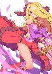  1girl bare_shoulders blue_eyes boots breasts chelle_(dragalia_lost) closed_mouth dragalia_lost gun hair_ornament hair_over_one_eye highres holding holding_gun holding_weapon large_breasts long_hair looking_at_viewer mukatsukupochi official_alternate_costume solo thighs upper_body very_long_hair weapon 