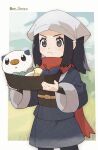  1girl black_hair border bowl closed_mouth commentary_request drooling eyelashes female_protagonist_(pokemon_legends:_arceus) gen_5_pokemon genzou_(me_genzo) grey_eyes hands_up head_scarf holding holding_bowl in_bowl in_container long_hair oshawott outside_border pokemon pokemon_(creature) pokemon_(game) pokemon_legends:_arceus red_scarf saliva sash scarf sidelocks starter_pokemon white_border white_headwear 