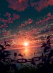  blurry blurry_foreground bush chain clouds commentary_request dusk gradient_sky green_sky highres lens_flare no_humans ocean orange_sky original red_clouds scenery shuu_illust sky sun sunset 
