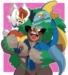  ;d arm_up blush border bright_pupils carrying cinderace furry gen_8_pokemon highres hyaku_(g-kawayusu) inteleon one_eye_closed open_mouth outline outside_border pokemon pokemon_(creature) rillaboom smile sweat symbol_commentary teeth tongue white_border white_pupils yellow_eyes |d 