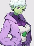  armor bodysuit breasts cheelai clenched_teeth colored_skin dragon_ball dragon_ball_super dragon_ball_super_broly green_skin hand_in_pocket jacket kemachiku looking_at_viewer medium_breasts open_clothes open_jacket purple_bodysuit purple_jacket short_hair smile teeth violet_eyes white_hair 