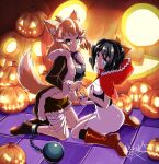  2girls absurdres alternate_costume animal_ears ball_and_chain_restraint black_hair blonde_hair chain couple green_eyes hair_ribbon happy highres kohinata_miku kumo_(kumo8159) multiple_girls pumpkin ribbon senki_zesshou_symphogear smile tachibana_hibiki_(symphogear) tail yellow_eyes yuri 