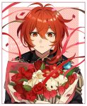  1boy antenna_hair bangs birthday black_jacket blue_flower bouquet closed_mouth confetti diluc_(genshin_impact) eyebrows_visible_through_hair flower genshin_impact hair_between_eyes happy_birthday highres holding jacket long_hair male_focus miz_003 red_eyes red_flower red_rose redhead rose simple_background solo upper_body white_flower white_rose 
