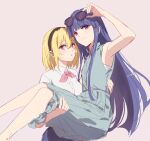  2girls :o adjusting_eyewear bangs black_hairband blonde_hair blue_hair blue_skirt breast_pocket carrying chinese_commentary collared_shirt commentary_request dress eyebrows_visible_through_hair eyewear_on_head feet_out_of_frame furude_rika green_dress hair_between_eyes hairband higurashi_no_naku_koro_ni hime_cut houjou_satoko long_hair looking_at_viewer multiple_girls parted_lips pink_background pink_eyes pink_neckwear pocket princess_carry shirt short_hair short_sleeves sidelocks skirt sleeveless sleeveless_dress sunglasses upper_body usamin_(artist) violet_eyes white_shirt yuri 